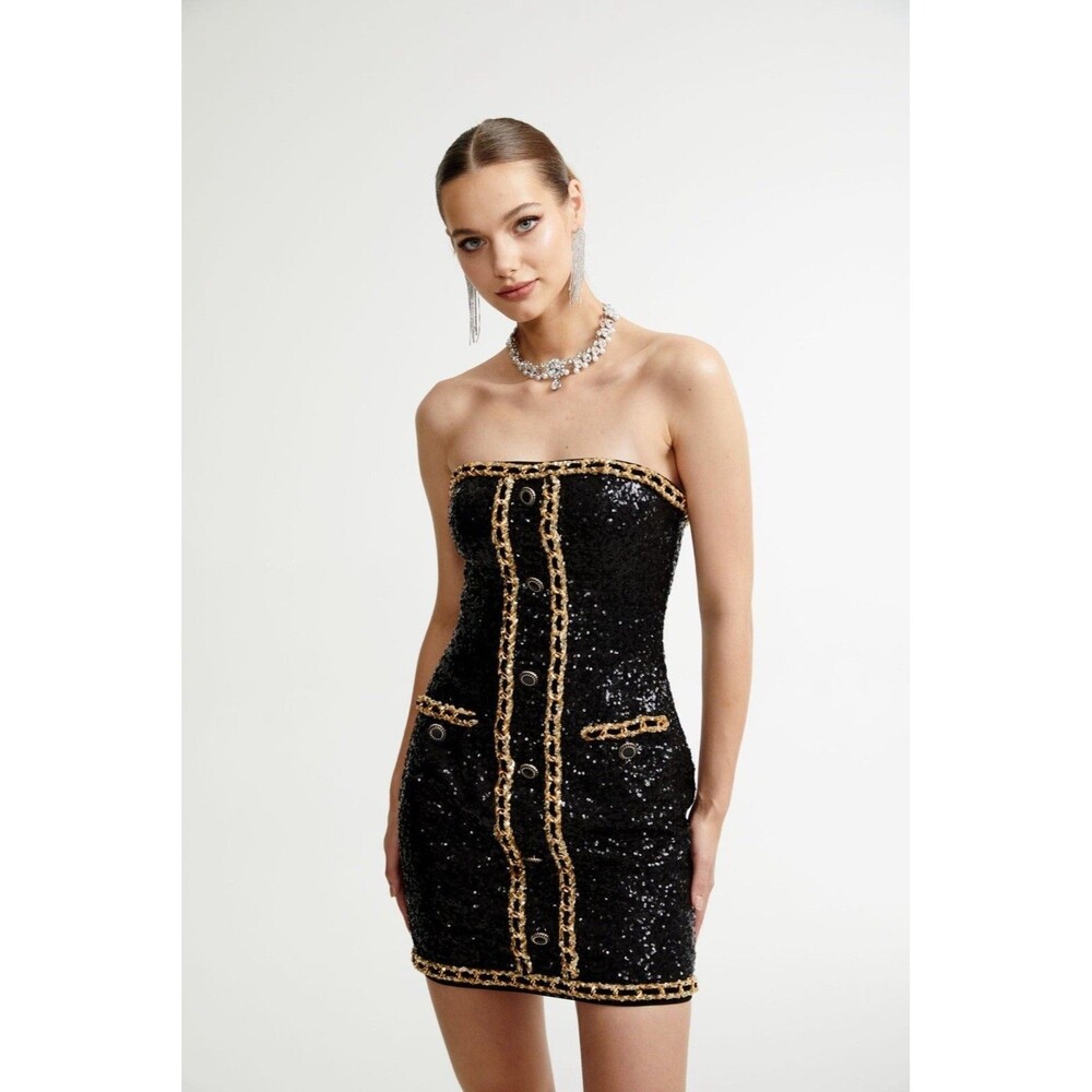 Miss Rosier Eulalia black embellished mini dress Sz S Sequin Gold Party Cocktail - Picture 4 of 16